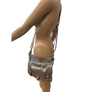 The Sak Metallic Pewter Genuine Leather Crossbody/ Clutch Bag w Removable Strap